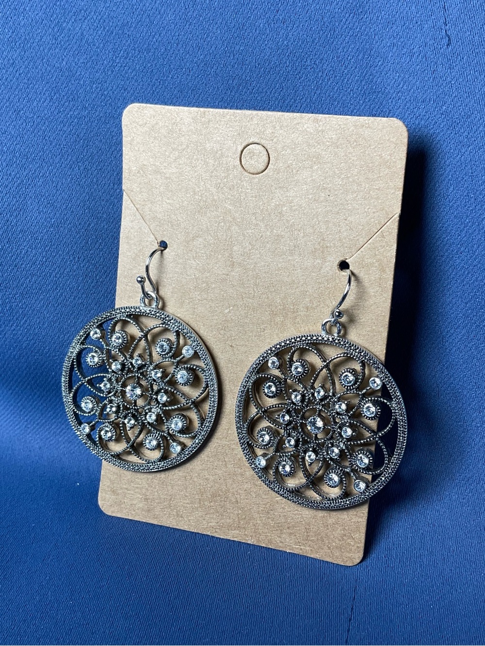 Ornate Filigree Round Drop Earrings in Silver Tone Boho Floral Scroll Statement